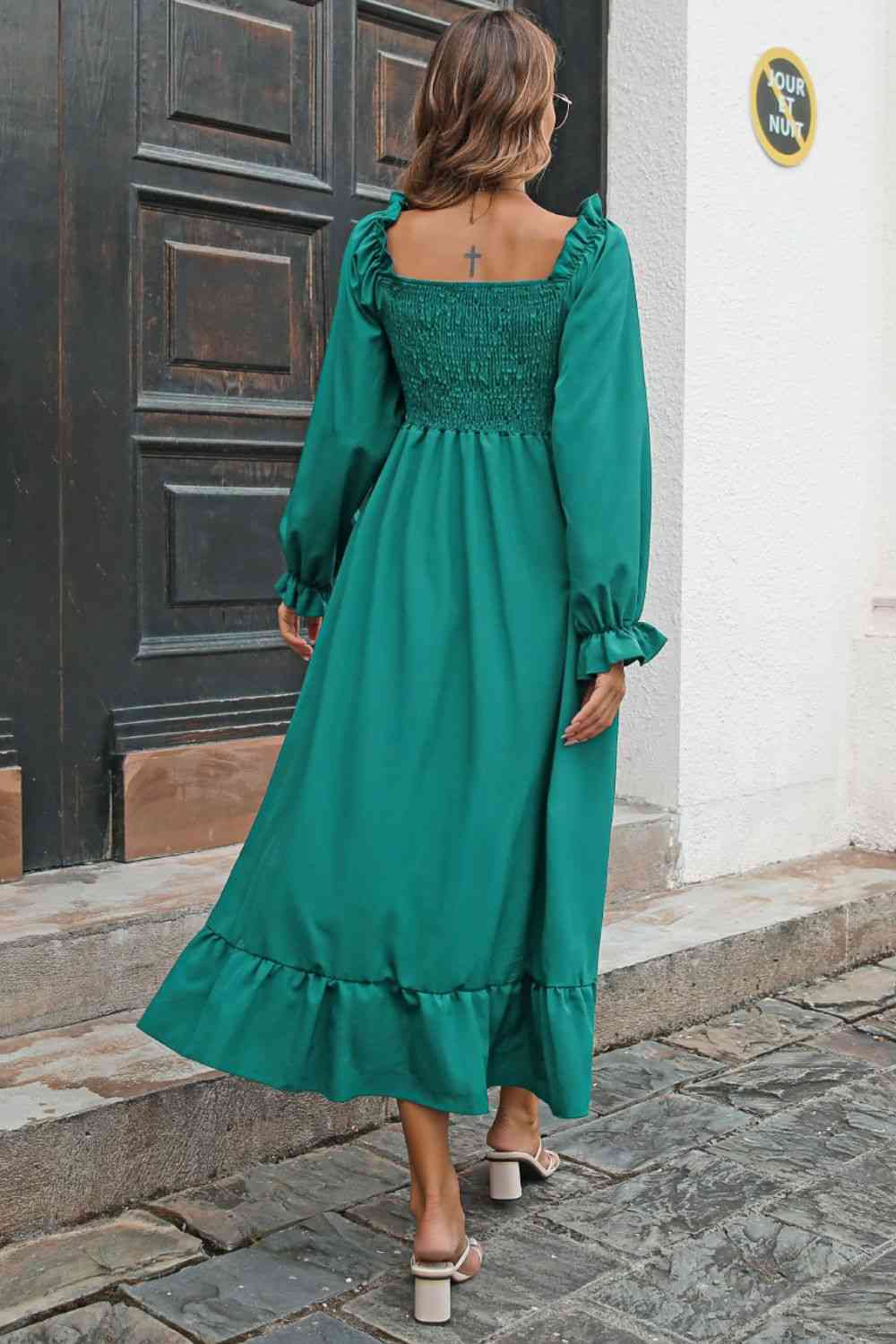 Smocked Ruffle Hem Flounce Sleeve Dress