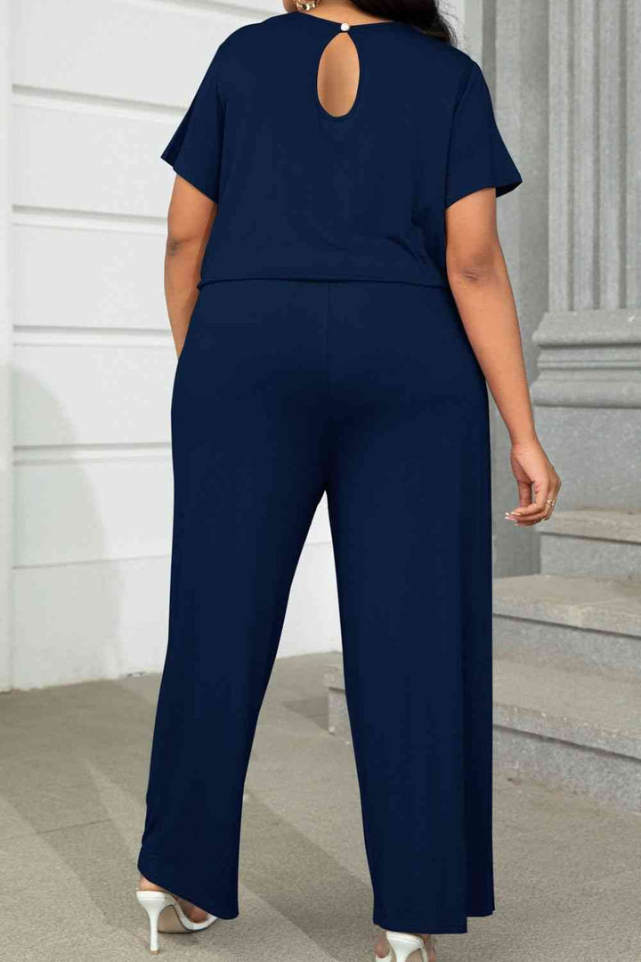 Plus Size Drawstring Waist Short Sleeve Jumpsuit