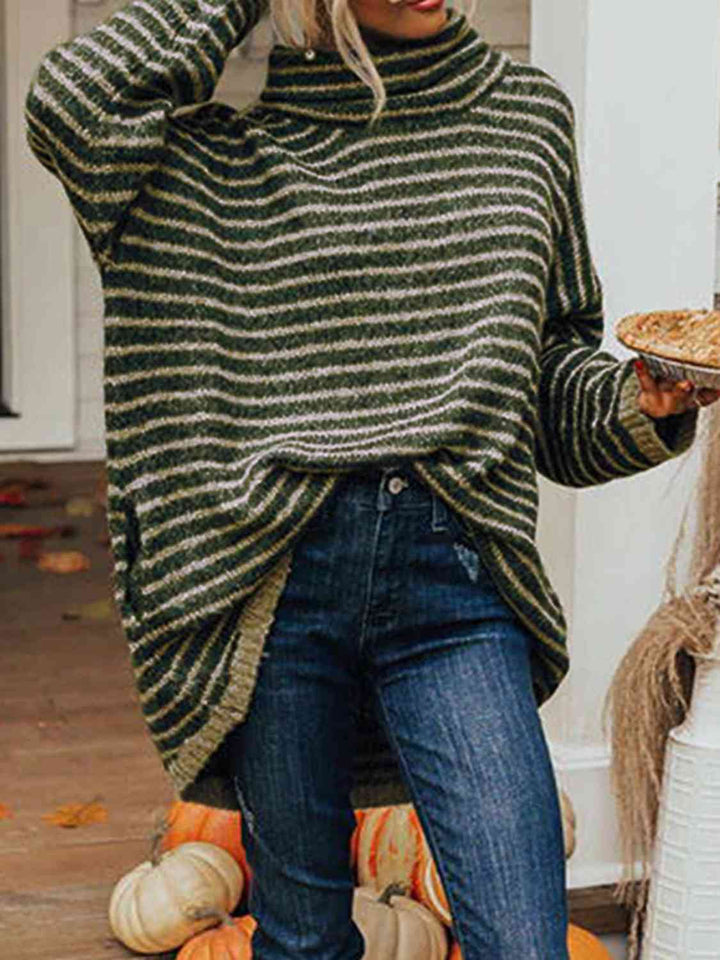 Striped Turtleneck Sweater with Pockets