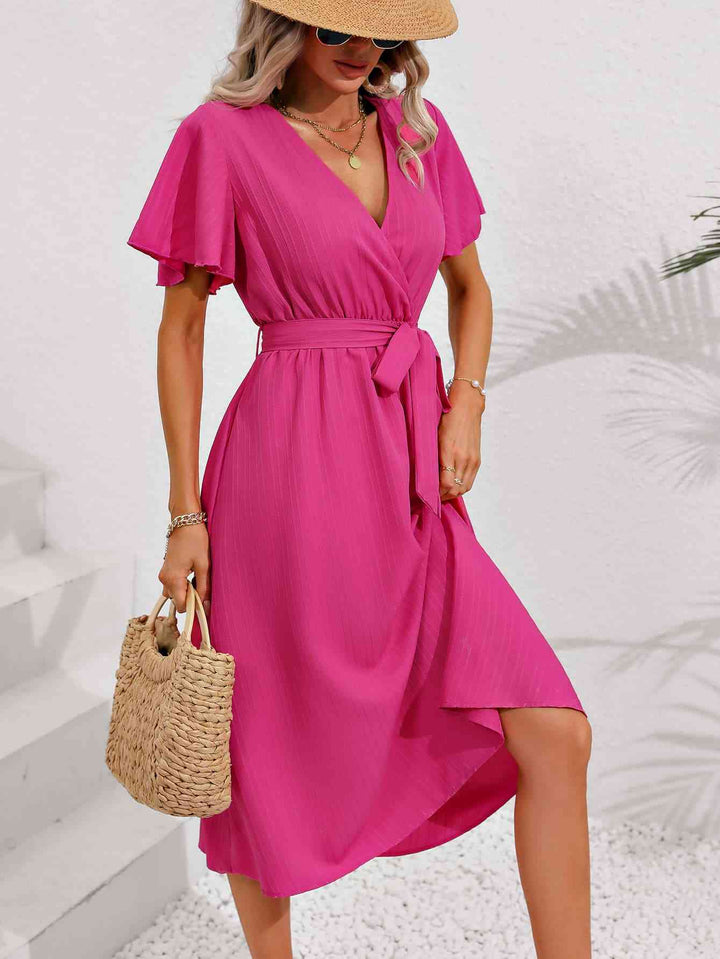 Surplice Neck Tie Belt Midi Dress