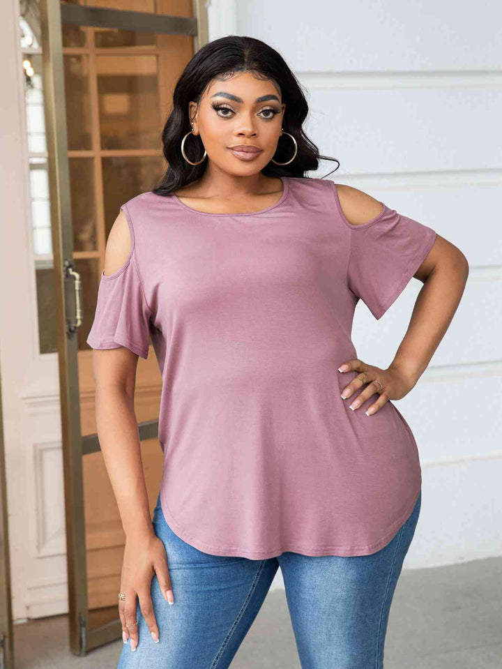 Plus Size Cold-Shoulder Round Neck Curved Hem Tee