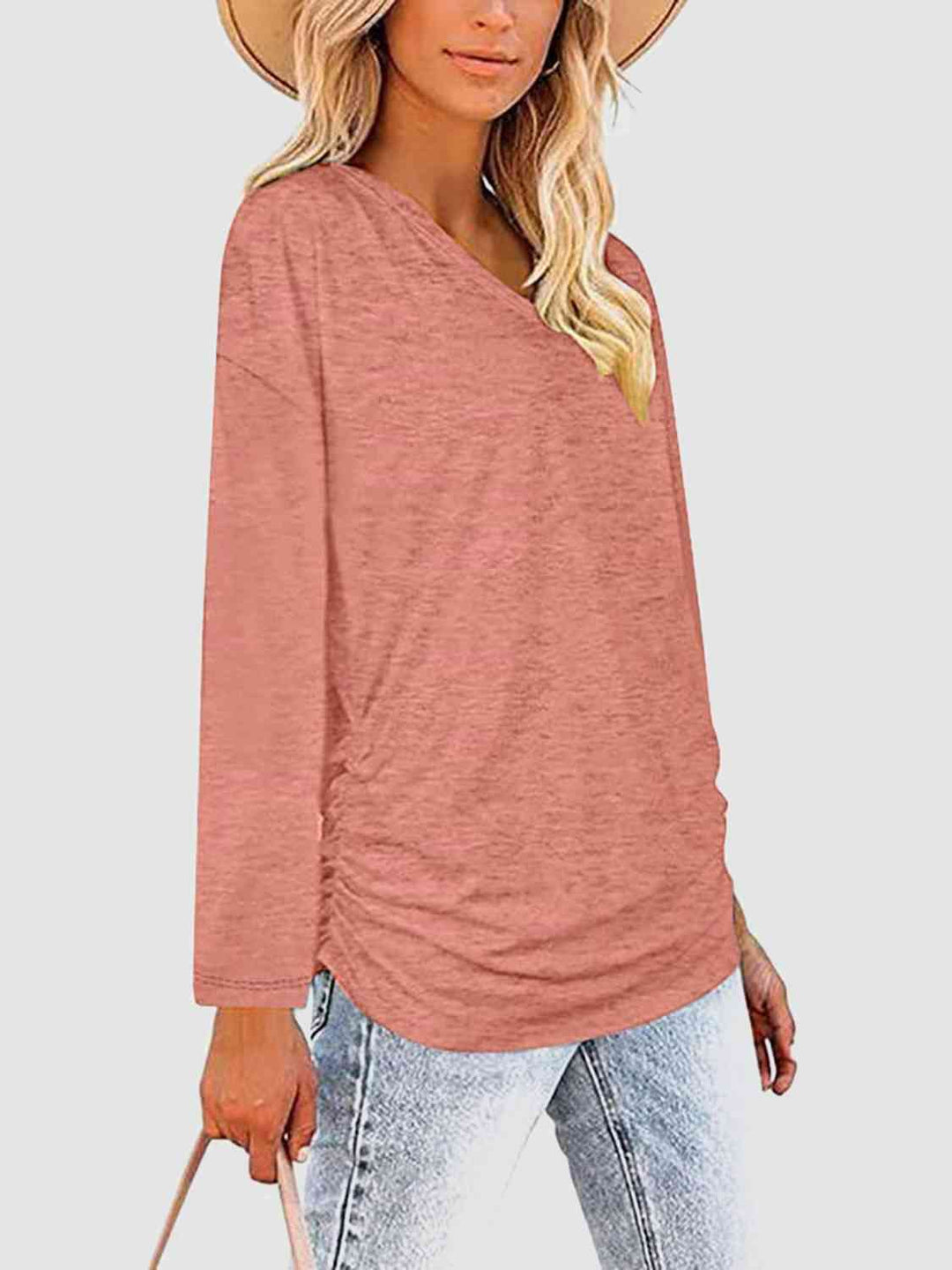 Ruched V-Neck Long Sleeve T-Shirt