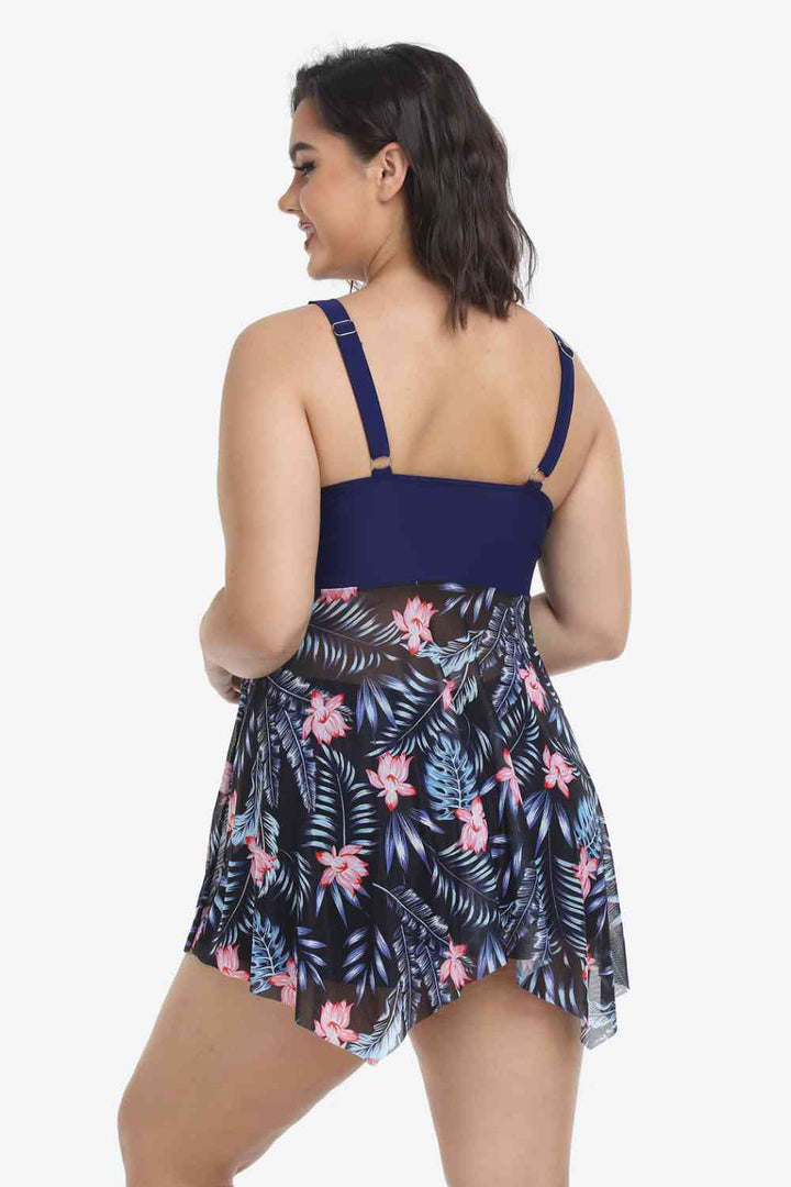 Plus Size Floral Two-Tone Asymmetrical Hem Two-Piece Swimsuit