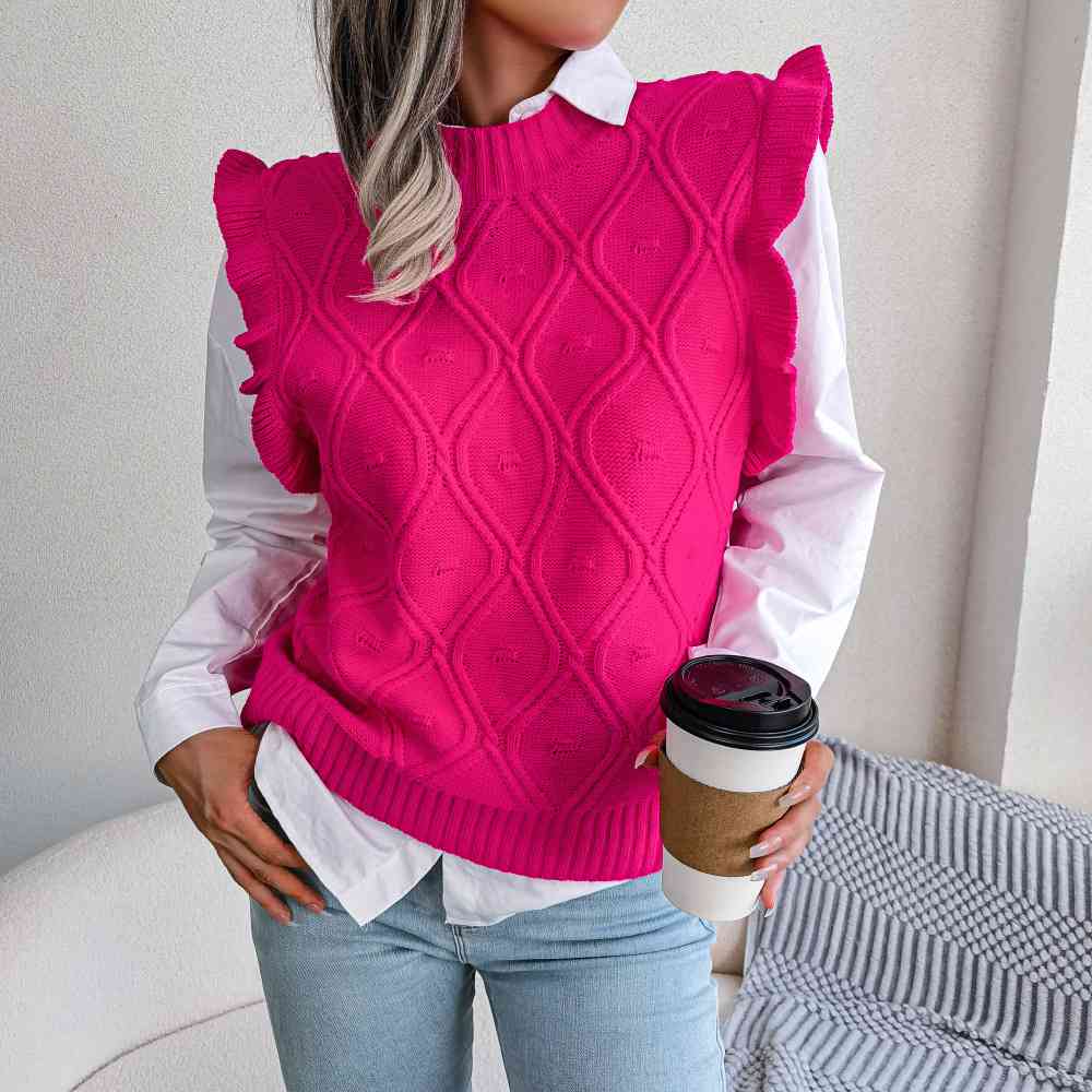 Ruffle Shoulder Ribbed Trim Sweater Vest