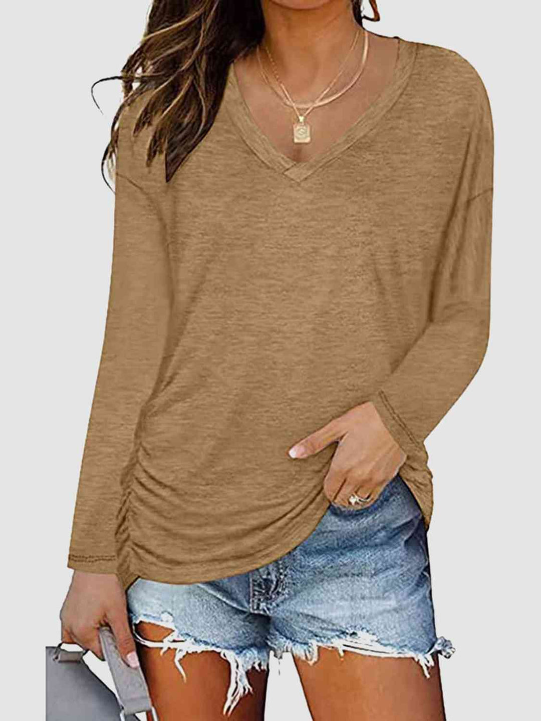 Ruched V-Neck Long Sleeve T-Shirt