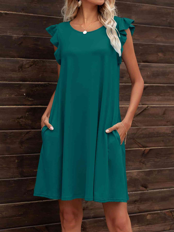 Round Neck Flutter Sleeve Dress with Pockets