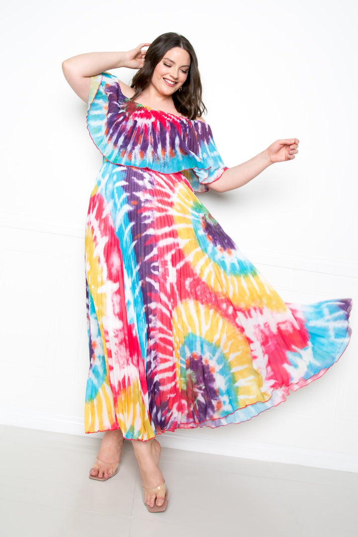 Maxi Dress  Mazi Tie Dye Off Shoulder Pleated.