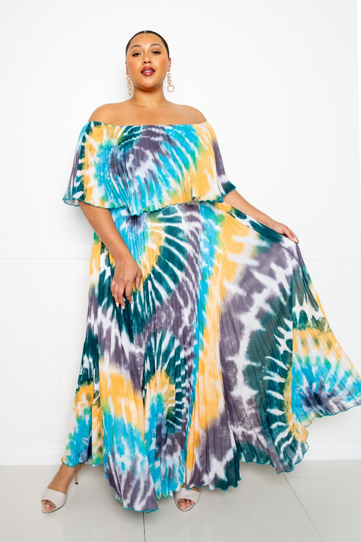 Maxi Dress Tie Dye Off Shoulder Pleated