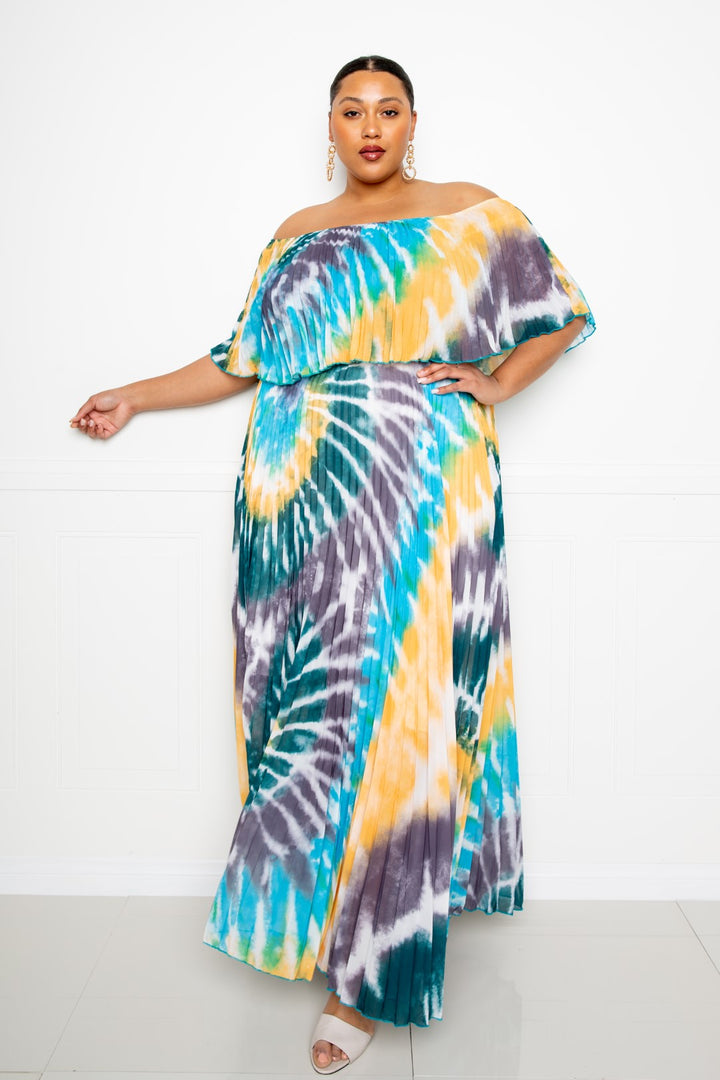 Maxi Dress Tie Dye Off Shoulder Pleated