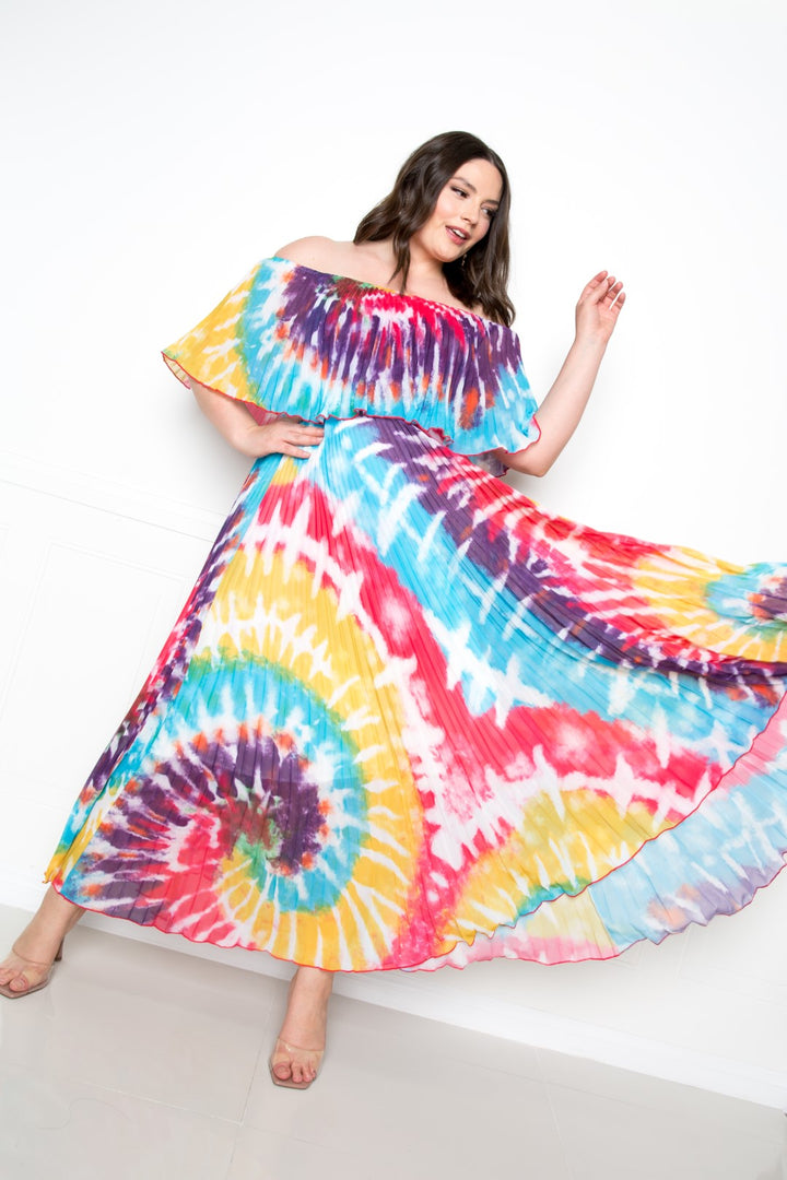 Maxi Dress  Mazi Tie Dye Off Shoulder Pleated.