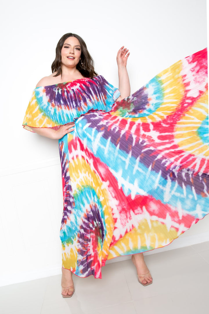 Maxi Dress  Mazi Tie Dye Off Shoulder Pleated.