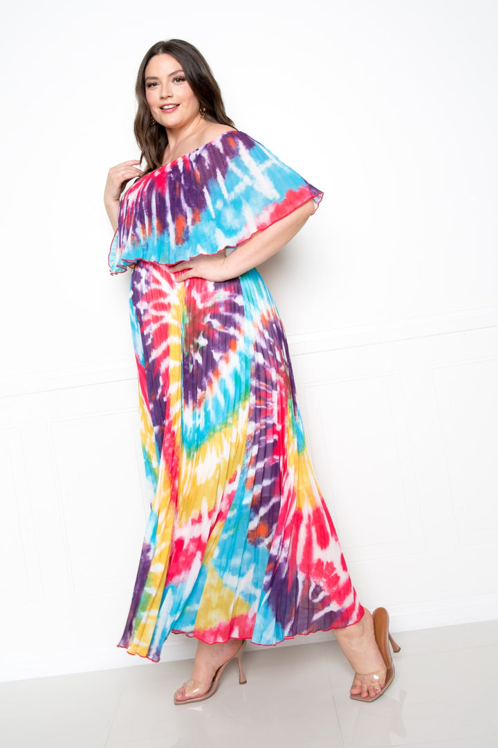 Maxi Dress  Mazi Tie Dye Off Shoulder Pleated.