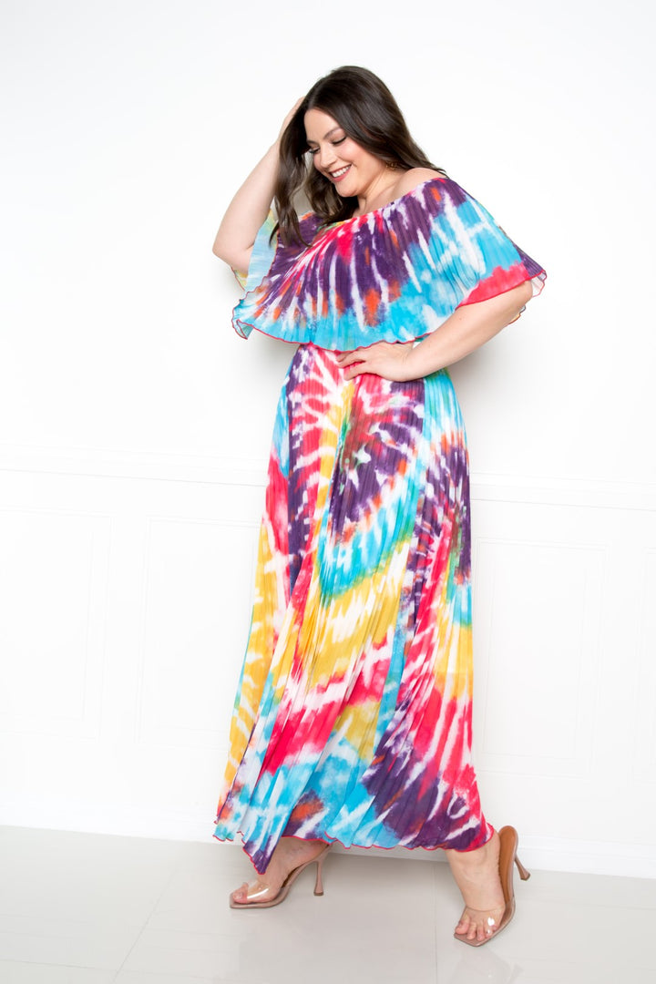 Maxi Dress  Mazi Tie Dye Off Shoulder Pleated.