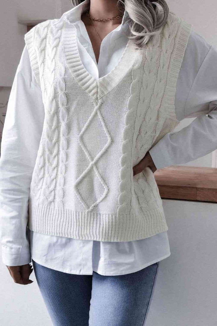 Cable-Knit Ribbed V-Neck Sweater Vest