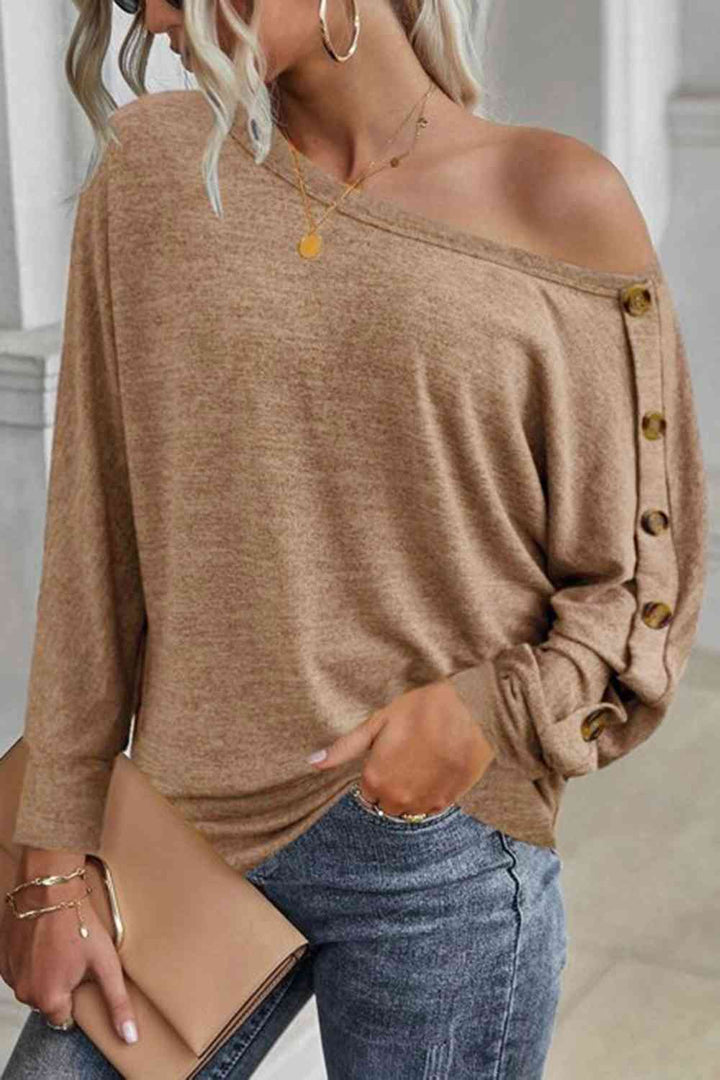 Boat Neck Buttoned Long Sleeve T-Shirt