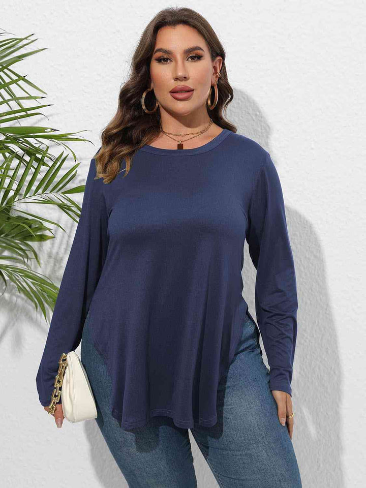 Plus Size Round Neck Long Sleeve Slit T-Shirt