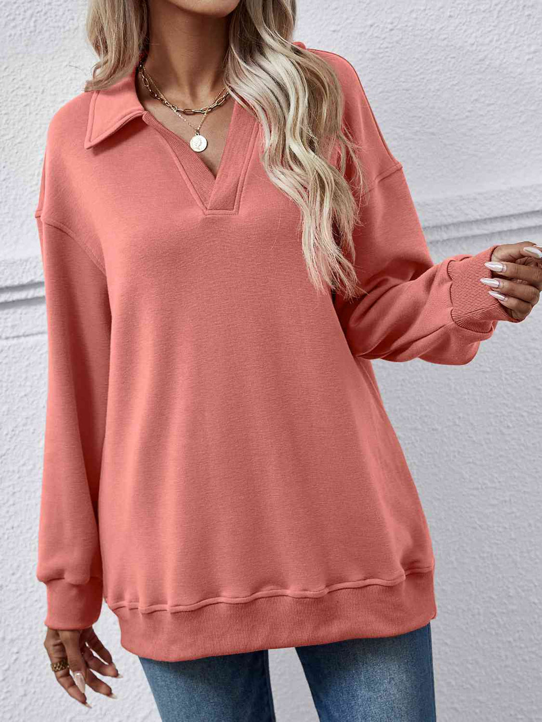 Collared Neck Dropped Shoulder Sweatshirt