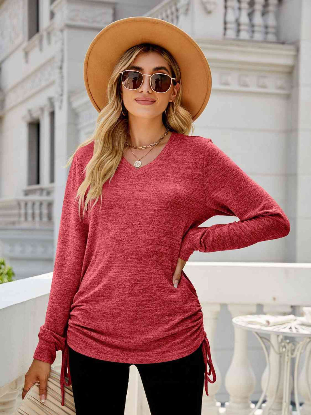 Drawstring V-Neck Long Sleeve T-Shirt