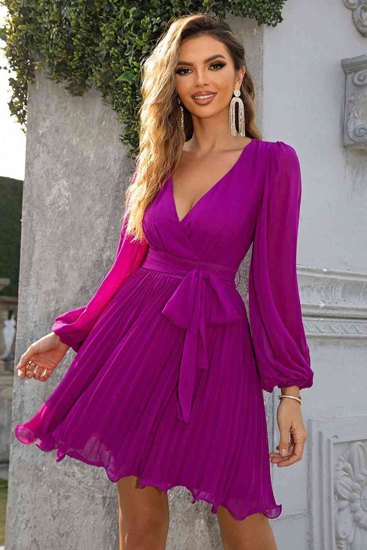 Tied Surplice Neck Pleated Dress