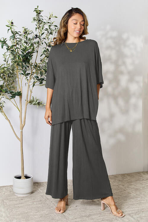 Double Take Full Size Round Neck Slit Top and Pants Set