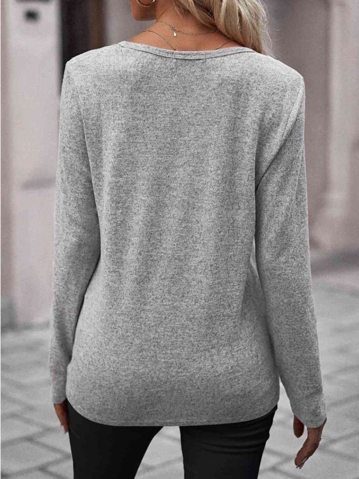 Round Neck Buttoned Long Sleeve T-Shirt