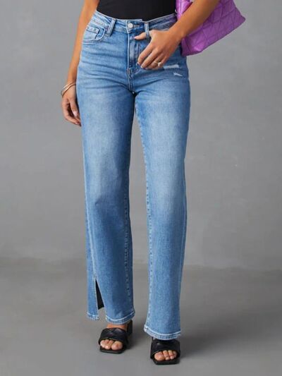 Slit Buttoned Jeans with Pockets