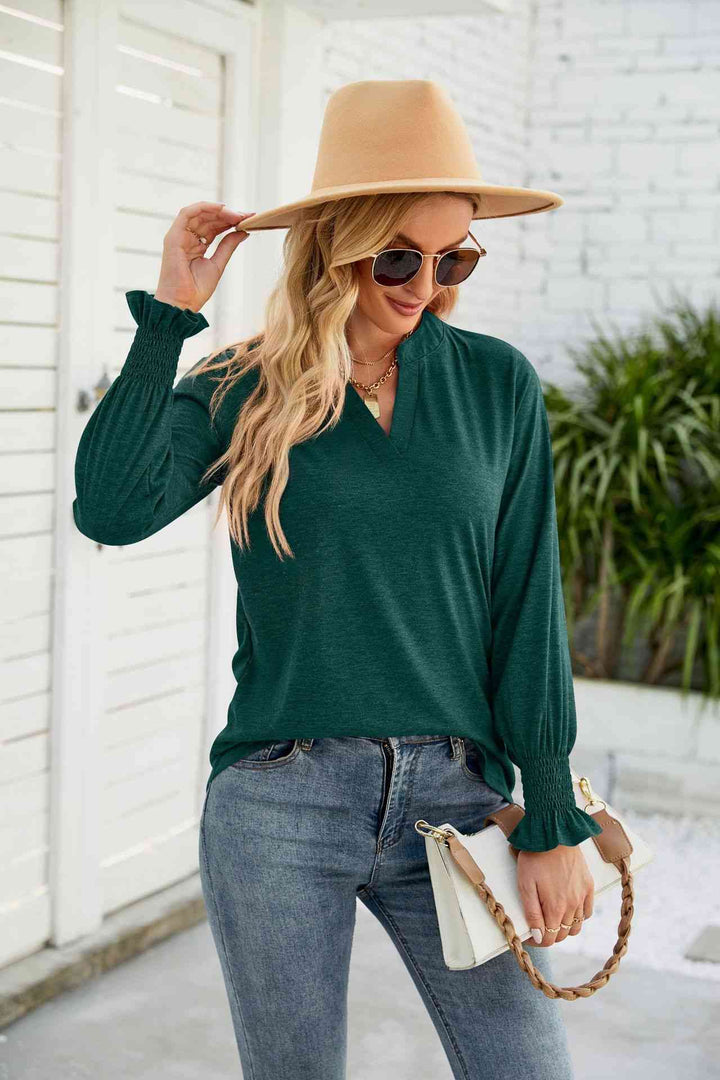 Heathered Flounce Sleeve Curved Hem Top